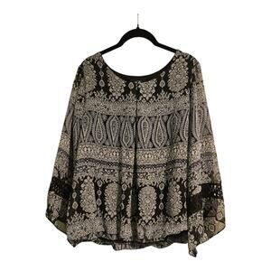 AGB Womens LG Blouse Navy Paisley Pullover Balloon Hem Semi Sheer Sleeves Lined